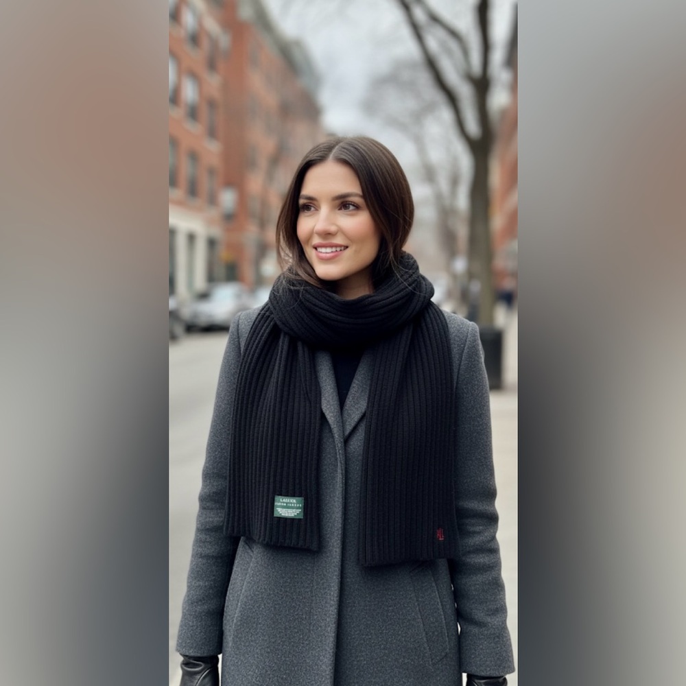 Ralph Lauren Black Wool Scarf 100% Lamb's Wool